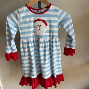 Smocked Polka dot Girls Santa Dress Blue & White Stripe Size 7 Ruffle Trim